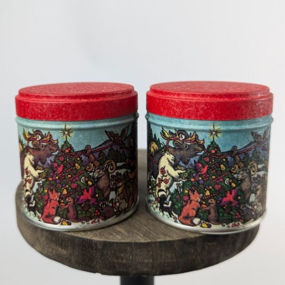 Vtg Miniature Christmas Tins Forest Animals Tree 2" Holiday Container Gift Box